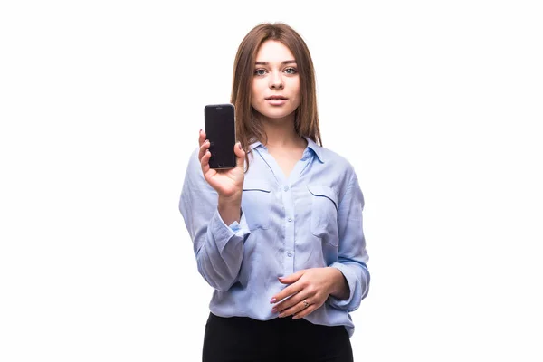 Девушка с телефоном на белом — стоковое фото