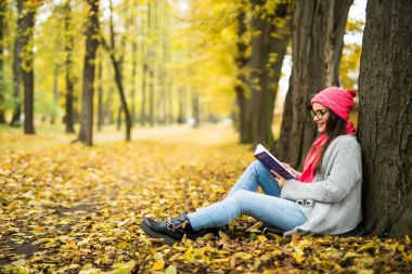 esmer düşmüş bir sonbahar üzerinde oturan bir kitap okuma bir parkta bırakır