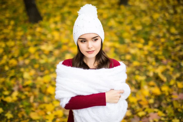 Дівчина в светрі і теплий одяг в осінньому парку — стокове фото