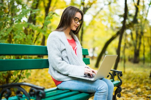 Девушки-студенты, работающие на ноутбуке в осеннем парке — стоковое фото