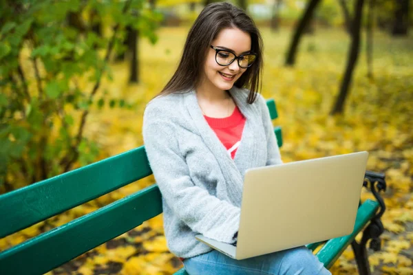 Девушки-студенты, работающие на ноутбуке в осеннем парке — стоковое фото