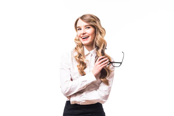 Chica de negocios con gafas en el fondo blanco — Foto de Stock