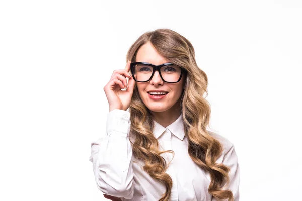 Joven chica de negocios con gafas en el fondo blanco — Foto de Stock