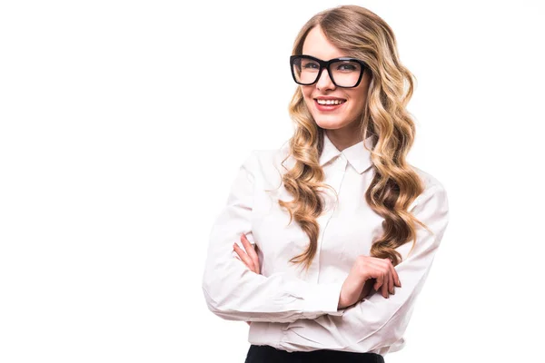 Chica de negocios con gafas con las manos cruzadas en el fondo blanco — Foto de Stock