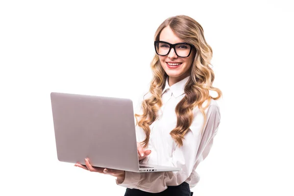 Business girl with eyeglasses  and laptop on white backgroung — Stock Photo, Image