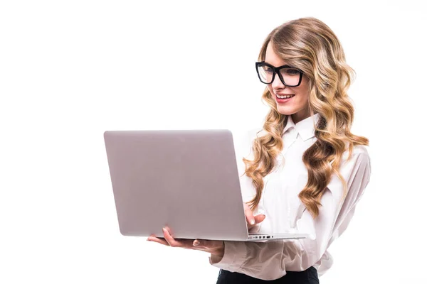 Business girl with eyeglasses  and laptop on white backgroung — Stock Photo, Image