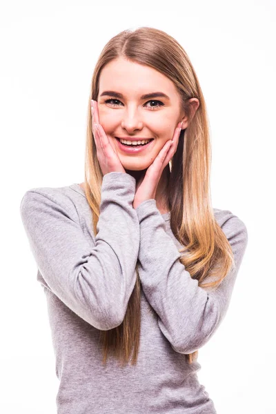 Portrait happy blonde girl on white background — Stock Photo, Image