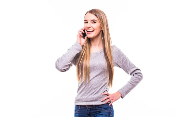 Happy blonde girl speak on phone — Stock Photo, Image