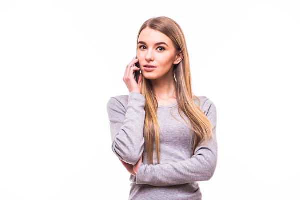 Chica rubia hablar por teléfono en blanco — Foto de Stock