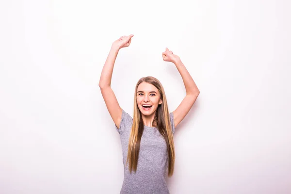 Menina feliz com as mãos levantadas para gesto de vitória — Fotografia de Stock