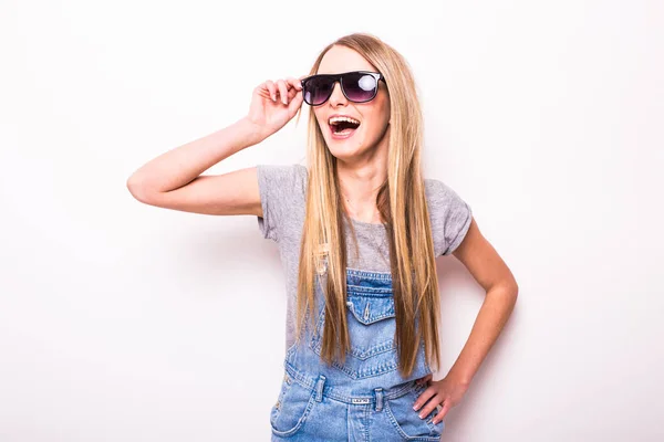 Cheerful happy girl in  glasses on white — Stock Photo, Image