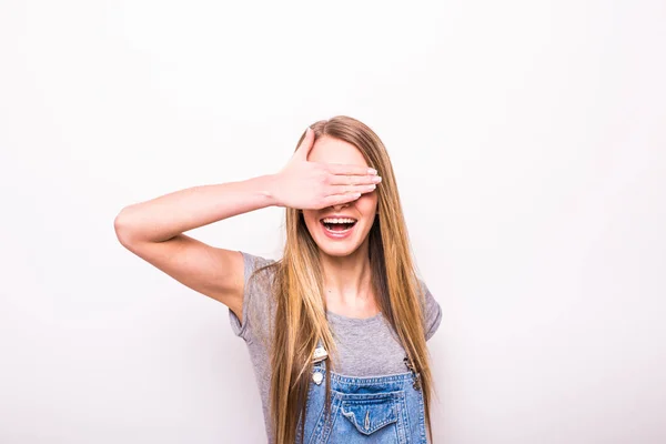 Happy girl close with hand her eyes — Stock Photo, Image