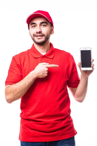 Entrega homem apontado no telefone — Fotografia de Stock