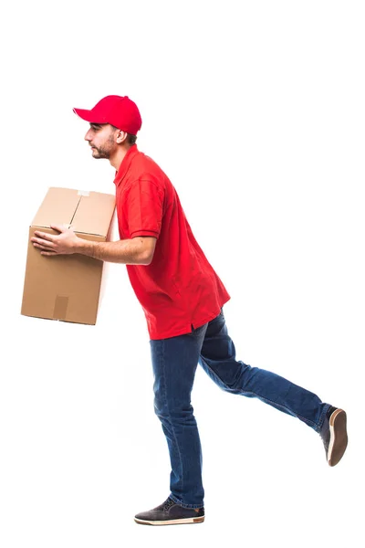 Runing repartidor hombre con caja — Foto de Stock