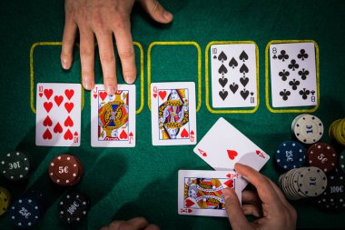 Poker kartları yeşil masada konseptiyle. El-sıralaması Kategoriler: Royal Flush