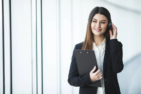 Portrait of happy smiling cheerful support phone operator in headset, — Stock Photo, Image