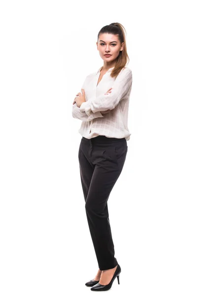 Volledige lengte jonge vrouw rechte poseren in studio geïsoleerd op witte achtergrond — Stockfoto