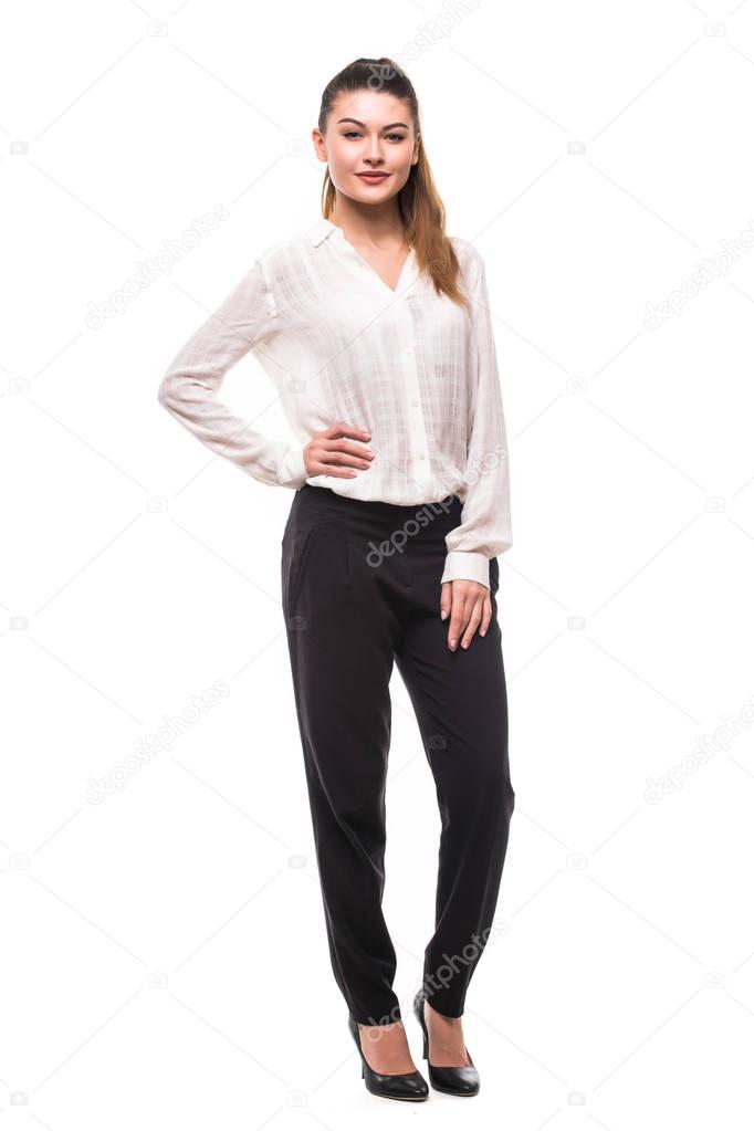 Full length young woman straight long dark hair posing in studio isolated on white background