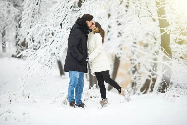 Couple lovers kiss winter street forest. Couple love — Stock Photo, Image