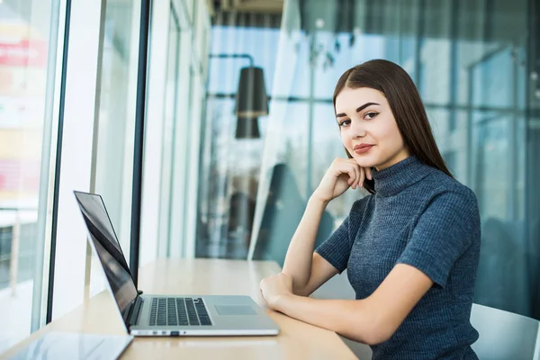 Sidovy av brunett kvinna använder bärbar dator sitter mot stora fönster i office — Stockfoto