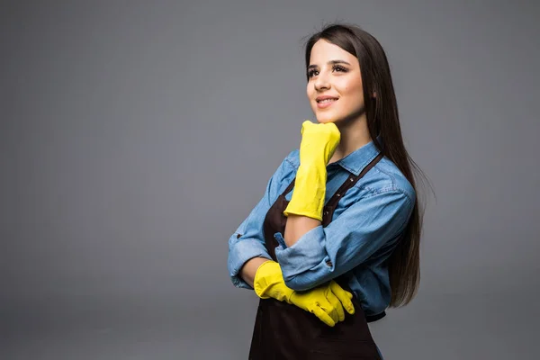 Schone dame idee te denken en houden van kin geïsoleerd — Stockfoto