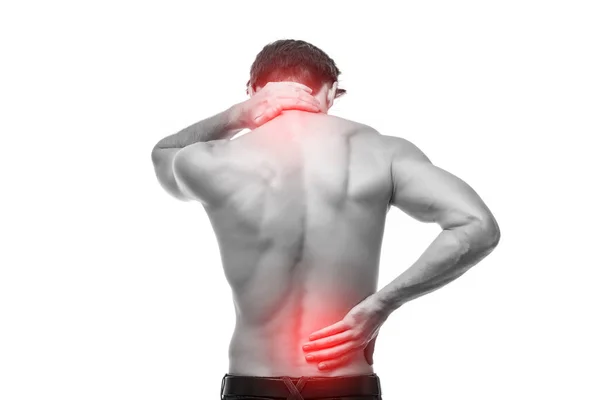 Nahaufnahme eines Menschen, der sich an seinem schmerzenden Rücken reibt. Schmerzlinderung, chiropraktisches Konzept — Stockfoto