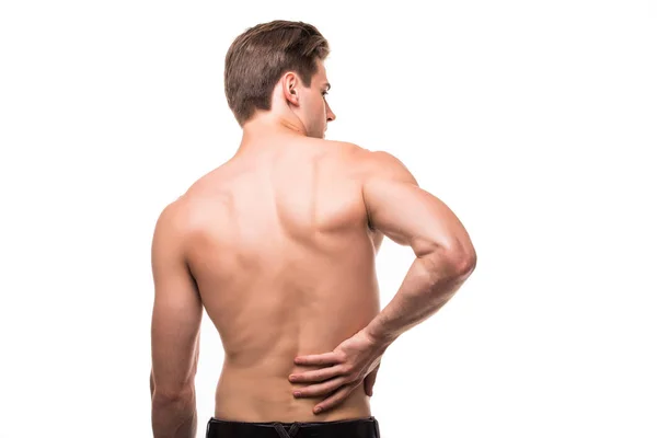 男は痛みを伴う背中をこすりします。痛みを軽減する、カイロプラクティックの概念 — ストック写真
