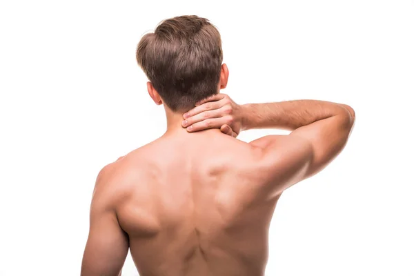 Homme ou sportif avec douleur au cou isolé sur fond blanc — Photo