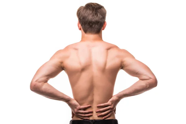 Nahaufnahme eines Mannes, der seinen schmerzhaften Rücken auf weißem Hintergrund reibt — Stockfoto