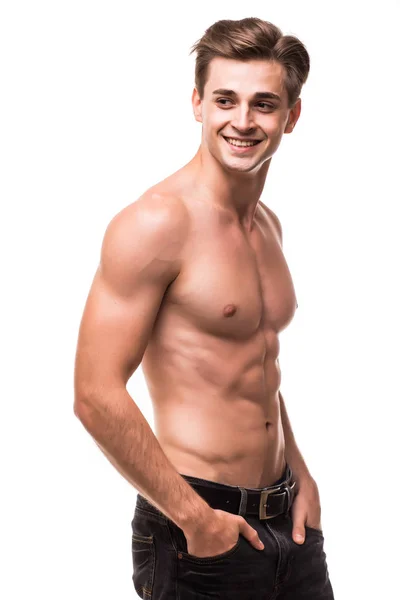 Well built shirtless muscular male model against white background — Stock Photo, Image