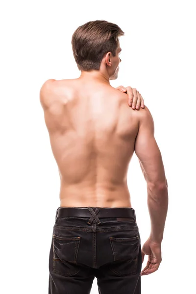 Sportler mit Nackenschmerzen auf weißem Hintergrund — Stockfoto