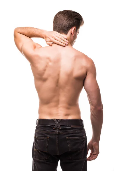 Mężczyzna Sport z ból w szyi na szarym tle — Zdjęcie stockowe