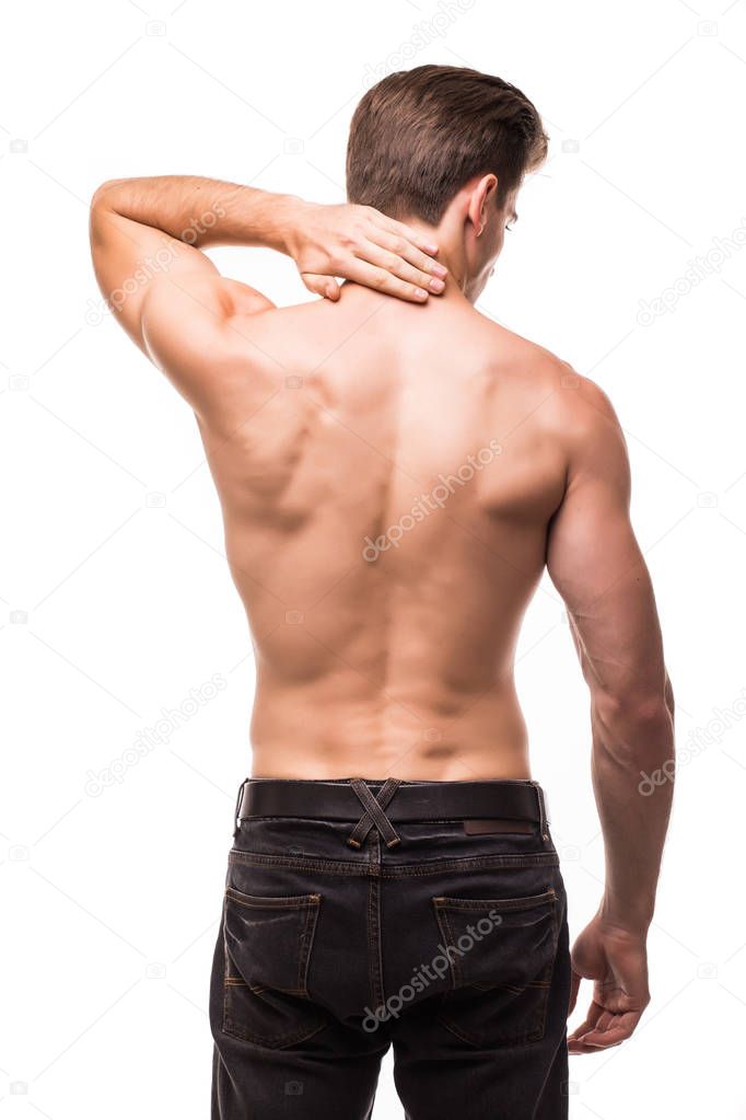 sport man with pain in the neck on grey background