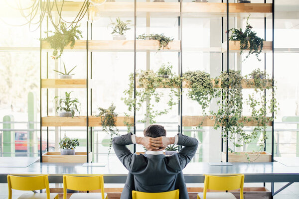 бизнесмен, сидящий в кресле сзади над фоном офисной комнаты
