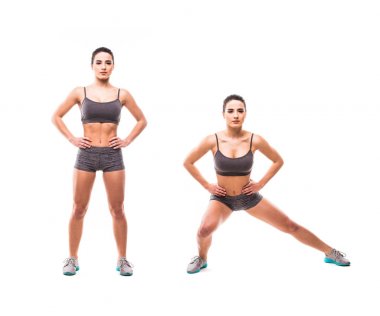 Spor güzellik kadın beyaz arka plan üzerinde fitness egzersizleri yapın. Kadın göstermek başlar ve biter egzersizleri. Fitness egzersizleri kavramı.
