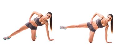 Spor güzellik kadın beyaz arka plan üzerinde fitness egzersizleri yapın. Kadın göstermek başlar ve biter egzersizleri. Fitness egzersizleri kavramı.