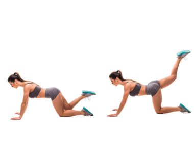 Spor güzellik kadın beyaz arka plan üzerinde fitness egzersizleri yapın. Kadın göstermek başlar ve biter egzersizleri. Fitness egzersizleri kavramı.