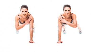 Spor güzellik kadın beyaz arka plan üzerinde fitness egzersizleri yapın. Kadın göstermek başlar ve sonunda tahta egzersizleri. Fitness egzersizleri kavramı.
