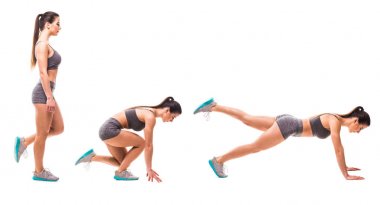 Spor güzellik kadın beyaz arka plan üzerinde fitness egzersizleri yapın. Kadın göstermek başlar ve sonunda tahta egzersizleri. Fitness egzersizleri kavramı.
