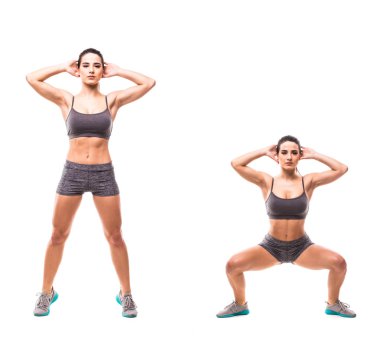 Spor güzellik kadın beyaz arka plan üzerinde fitness egzersizleri yapın. Kadın göstermek başlar ve biter egzersizleri. Fitness egzersizleri kavramı.