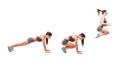Spor güzellik kadın beyaz arka plan üzerinde fitness egzersizleri yapın. Kadın göstermek başlar ve sonunda atlama egzersizleri. Fitness egzersizleri kavramı.