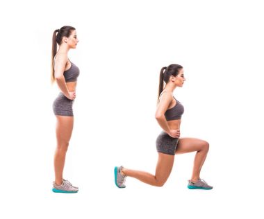 Spor güzellik kadın beyaz arka plan üzerinde fitness egzersizleri yapın. Kadın göstermek başlar ve biter egzersizleri. Fitness egzersizleri kavramı.
