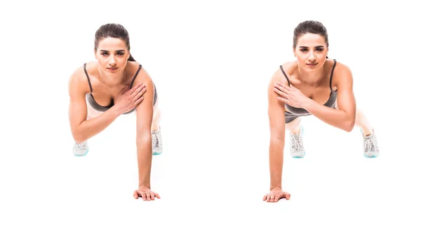 Sport beauty woman do fitness exercises on white background. Woman demonstrate begin and end of plank exercises. Fitness exercises concept. — Stock Photo, Image