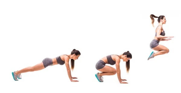 Mulher de beleza esporte fazer exercícios de fitness no fundo branco. Mulher demonstrar início e fim dos exercícios de salto. Conceito de exercícios de fitness . — Fotografia de Stock