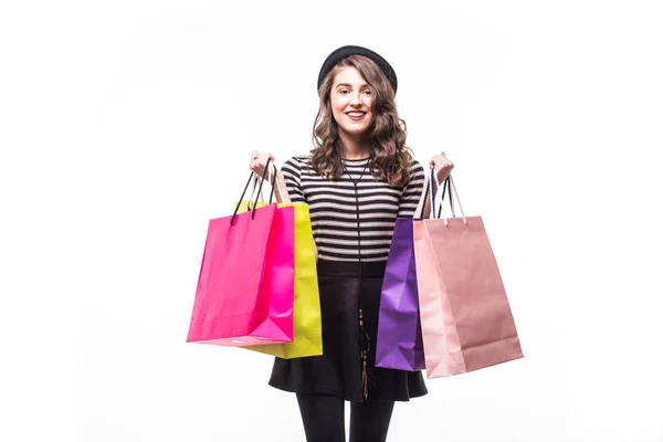 Young happy summer shopping woman with shopping bags isolated on white background — Stock Photo, Image