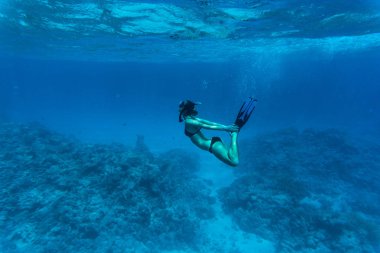 Genç bir kız şnorkel ve ile tropikal bir denizde dalış sualtı görüntü ayak üzerinde eller.