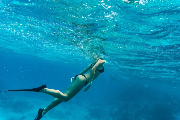 Jovencita nadando bajo el agua sobre arrecifes de coral en un mar tropical — Foto de Stock