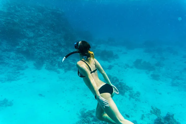 Colpo subacqueo della giovane donna che scivola sulla vivace barriera corallina su una stretta di respiro in mare — Foto Stock