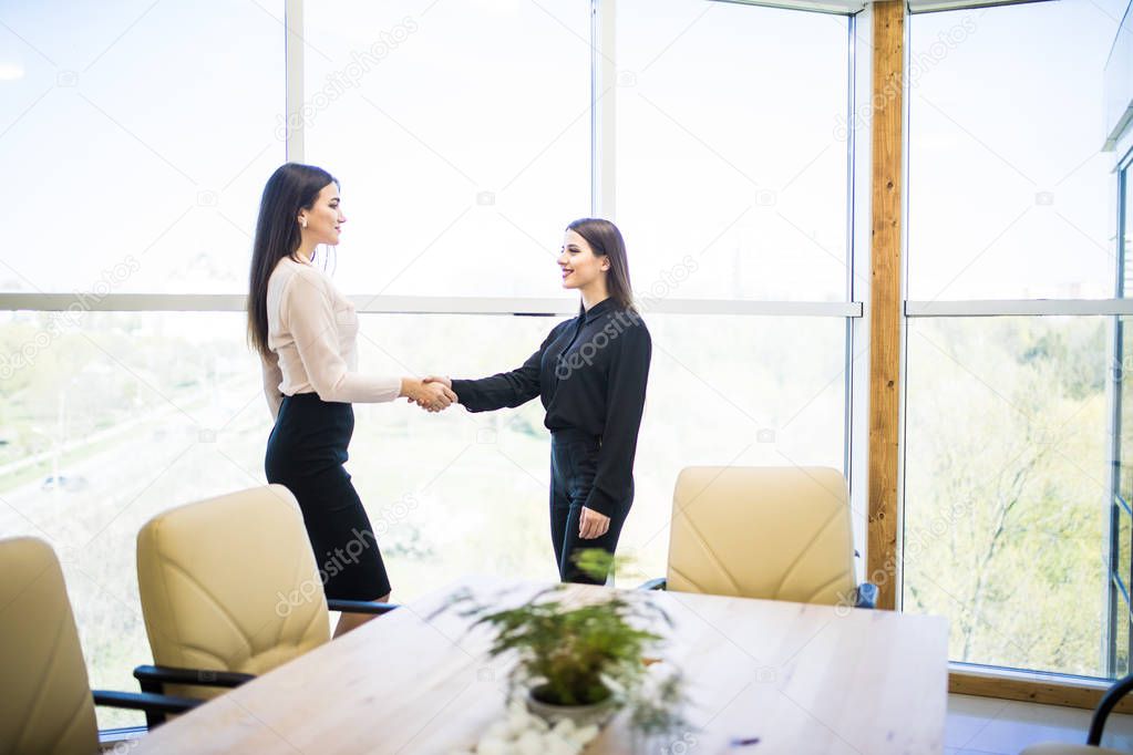 Two pretty Businesswomen partners get an agreement shaking hands in modern office