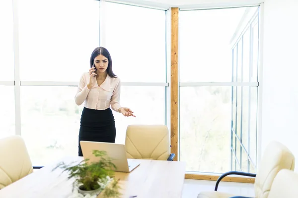 Mujer de negocios hablando por teléfono móvil y mirar el ordenador portátil contra la ventana en la oficina — Foto de Stock